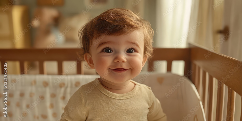 Happy toddler smiles in crib during afternoon light in cozy nursery room Happy toddler smiles in crib during afternoon light in cozy nursery room