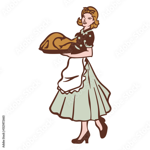 Vintage Homemaker's Feast: A nostalgic illustration of a vintage homemaker proudly presents a roasted turkey, embodying the warmth and tradition of a festive gathering.