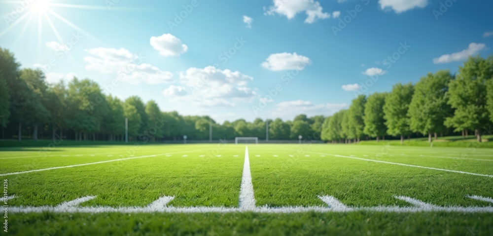Obraz premium Daylight view of empty soccer field with green grass, white lines markings. Trees along the perimeter. Blue sky. Perfect place for sports like soccer, football, lacrosse, rugby, events, team games.