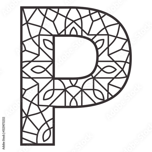 Letter P Stained Glass: Intricate stained glass pattern forming the letter P, radiating elegance, geometry, and a sense of artistry.