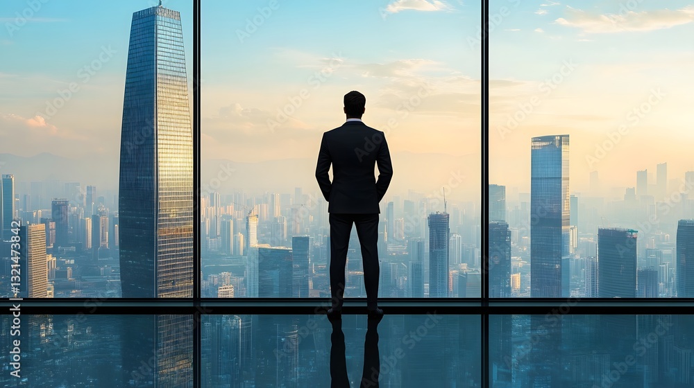Fototapeta premium Wealthy Investor Overlooking Vibrant City Skyline from Skyscraper Office