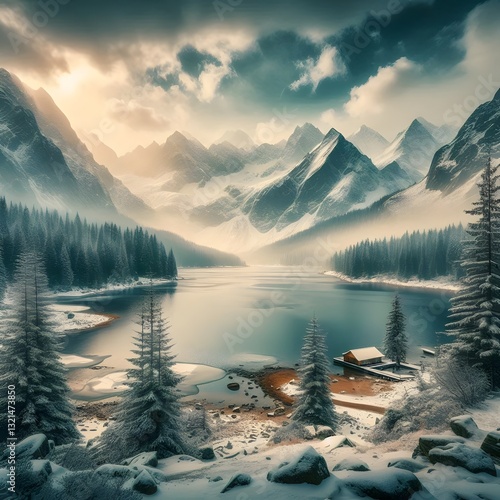 Fototapeta Naklejka Na Ścianę i Meble -  sunrise in the mountains Winter at Morskie Oko or Sea Eye Lake in Poland Tatra Mountains