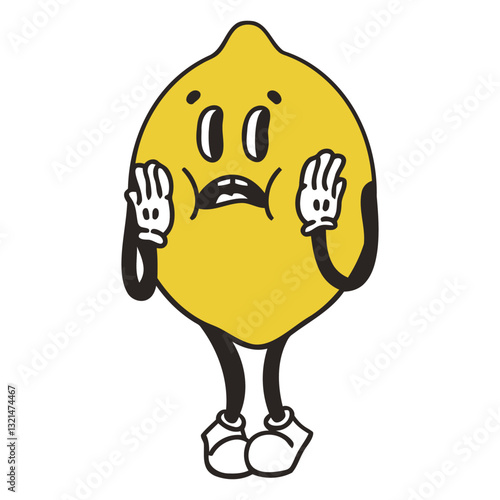 Whimsical Lemon Character: A cartoon lemon character with a surprised expression and raised arms, set against a backdrop of simplicity. capturing the playful nature