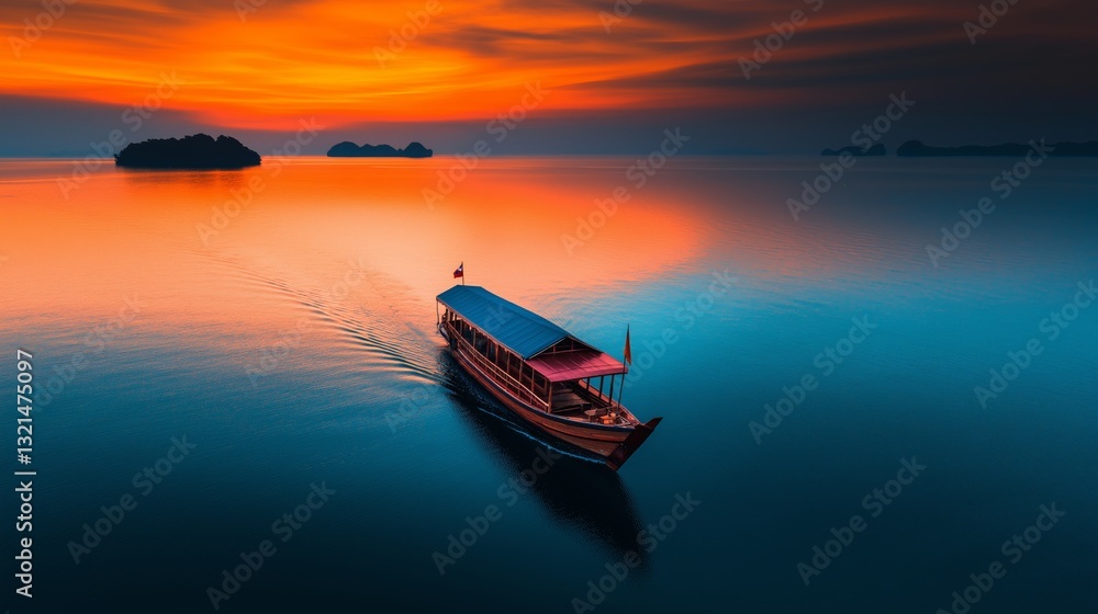 A tourist boat gracefully sails on tranquil, azure sea, offering a panoramic view of stunning coastline, with warm, golden hues of sunset. A tourist boat gracefully sails on tranquil, azure sea, offering a panoramic view of stunning coastline, with warm, golden hues of sunset.
