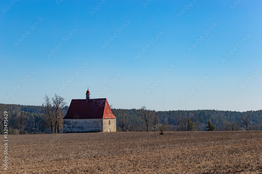 Old church in the field. Dobronice u Bechyne, Czechia