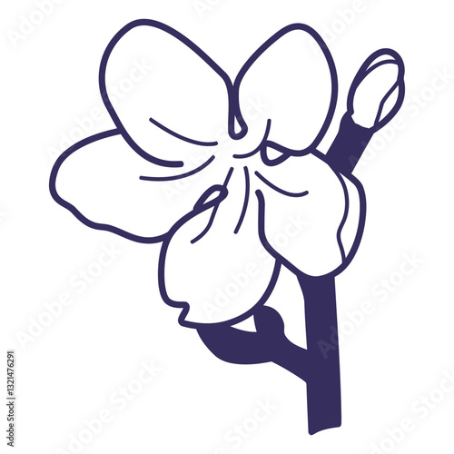 Floral Serenity: Delicate monochrome illustration showcasing a graceful blossom and unopened bud, evoking a sense of spring's gentle beauty. 