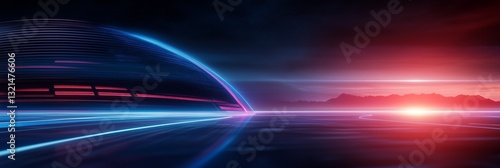 A futuristic cyberspace landscape with glowing red and blue neon lights, showcasing a digital horizon and abstract shapes.