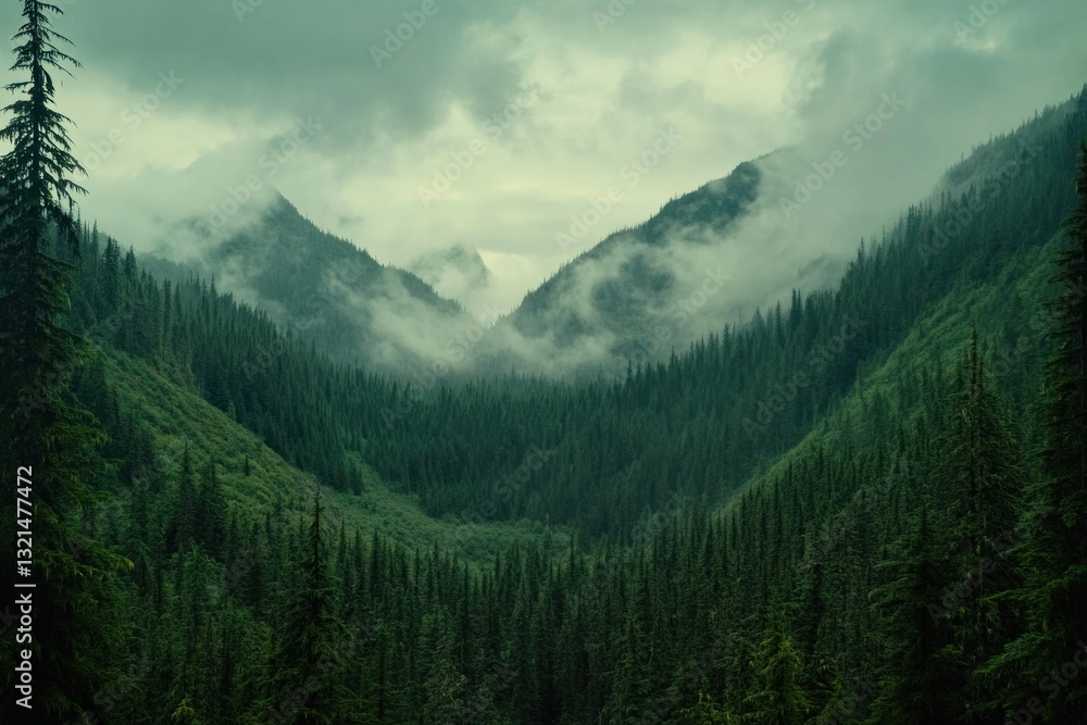 Fototapeta premium Misty mountain valley with evergreen forest.