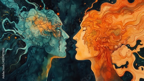 Abstract Watercolor Faces  Soulmates  Connection  Teal Orange