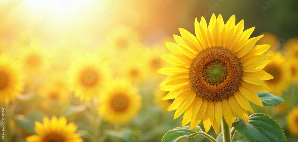 Obraz premium Sunflowers field with sunlight, sunbeams. Close-up of bright yellow petals in horizonatal orientation. Summer sunny backdrop, floral meadow. Blossoming agriculture daisy cultivation. Gold rural