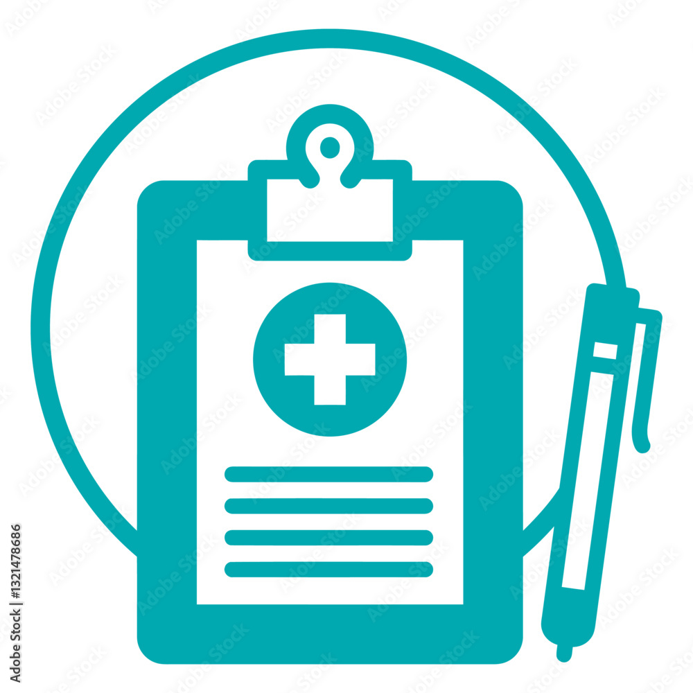 Obraz premium Medical Clipboard Icon: Illustrative of a medical clipboard with a health symbol and pen, symbolizing health and care, against a minimalistic backdrop. 