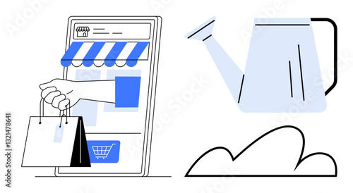 Hand extends shopping bags from phone representing online shopping. Watering can symbolizes nurturing growth. Ideal for e-commerce, growth, business, retail, online marketing, sustainability, sales