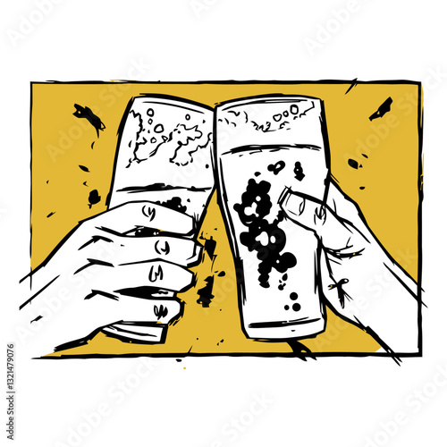 Cheers: Two hands clink glasses together, bubbles rise, embodying the spirit of conviviality and shared moments. Evoking an emotion of celebration and togetherness