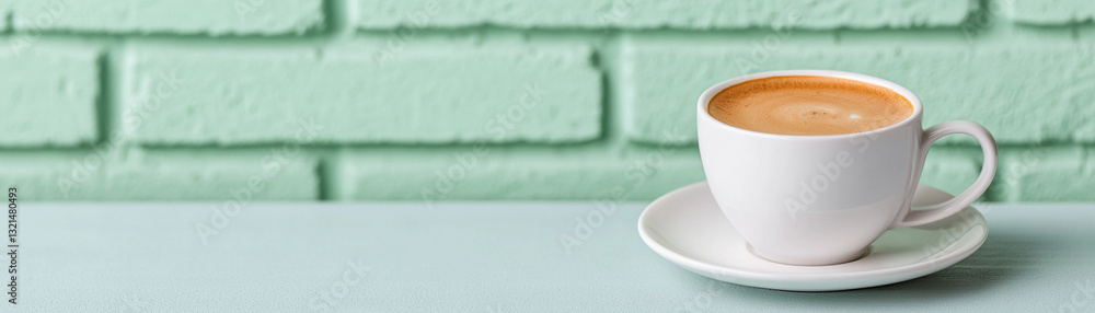 minimalist coffee cup on saucer against light green brick wall, creating calm atmosphere minimalist coffee cup on saucer against light green brick wall, creating calm atmosphere
