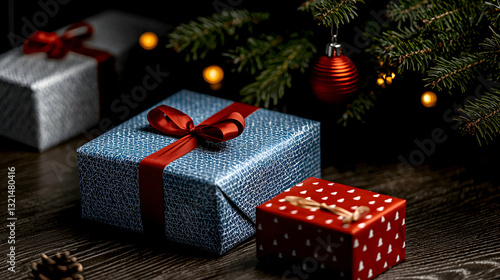 Decorated gifts are placed under a festive evergreen Christmas tree