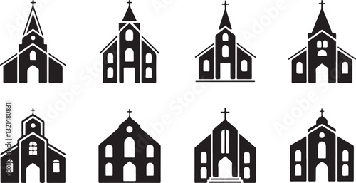 Black church tower silhouette vector icon depicts architectural building design