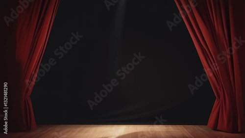 Red curtains opening on stage revealing a black background