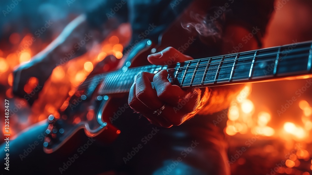 Obraz premium Electric Guitar Performance with Fiery Background