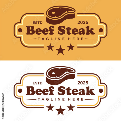 Vintage beef steak restaurant logo design, BBQ and grill logo vector. Badge logo design template for butcher shop, charcuterie, steak, barbecue on isolated background