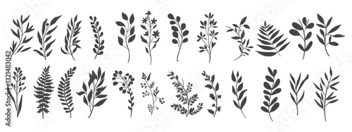 Minimal botanical floral branch in silhouette style. Hand drawn wedding herb, minimalistic flowers with elegant leaves.