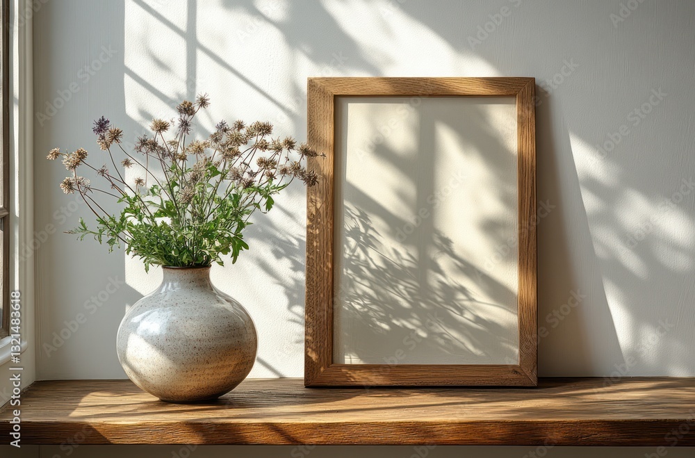 Minimalist Still Life Wooden Frame and Ceramic Vase with Dried Flowers in Scandinavian Design Style Minimalist Still Life Wooden Frame and Ceramic Vase with Dried Flowers in Scandinavian Design Style