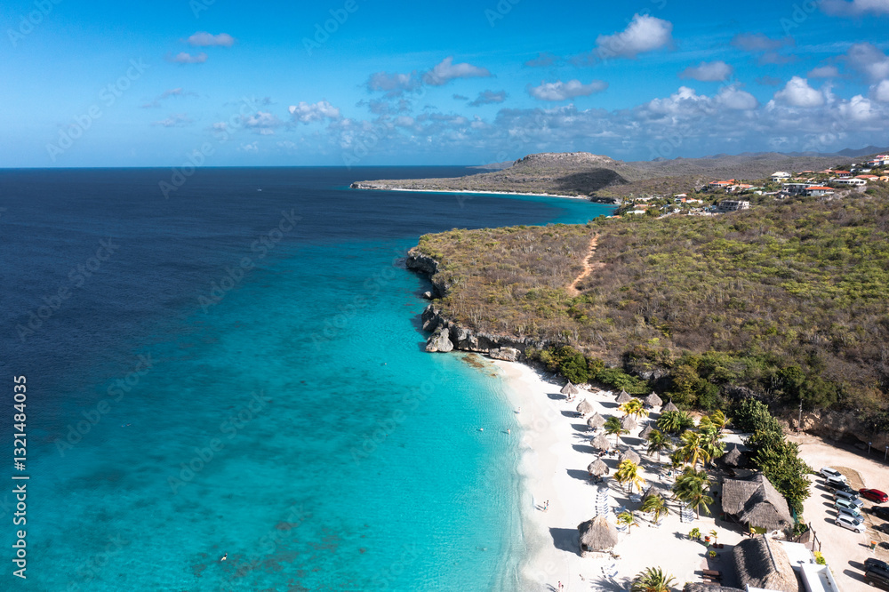 Fototapeta premium Curacao, Willemstad, Caribbean, beach, sand, white, blue, sea, bounty, coastline, ocean, travel, island, nature, summer, seascape, scenic, holiday, water, landscape, antilles, drone, aerial