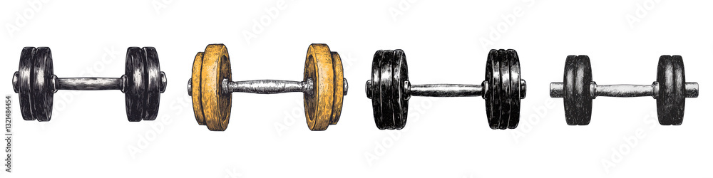 Naklejka premium Heavy dumbbells and barbells arranged in a row representing the essential equipment for strength training muscle building and overall fitness The image conveys the concepts of discipline