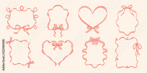 Pink vintage coquette ribbon frames with bows. Minimal hand-drawn set for wedding invitations, greeting cards, scrapbooking, packaging, social media, and branding. Elegant feminine decorative borders.