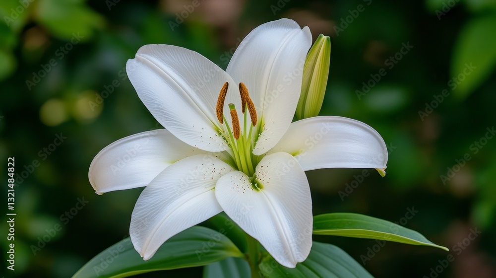 Obraz premium Close up of a pristine white lily against a blurred green background. The flower's delicate petals and subtle details are sharply in focus, showcasing its elegance.