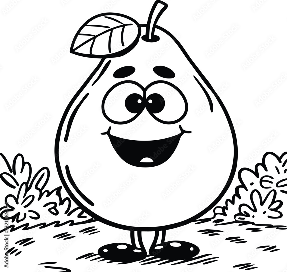 Obraz premium Smiling Cartoon Pear With Large Eyes and Leaf in Black and White
