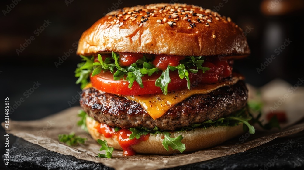 tasty homemade hamburger ready to eat with cutlet grilled on table. tasty homemade hamburger ready to eat with cutlet grilled on table.