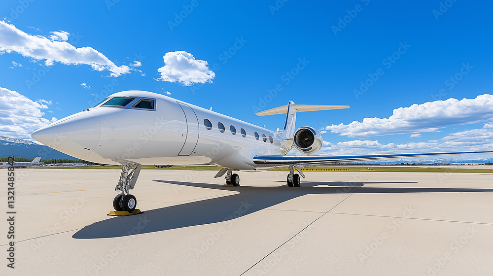 A white private jet parked on the tarmac under a blue sky with clouds. A white private jet parked on the tarmac under a blue sky with clouds.