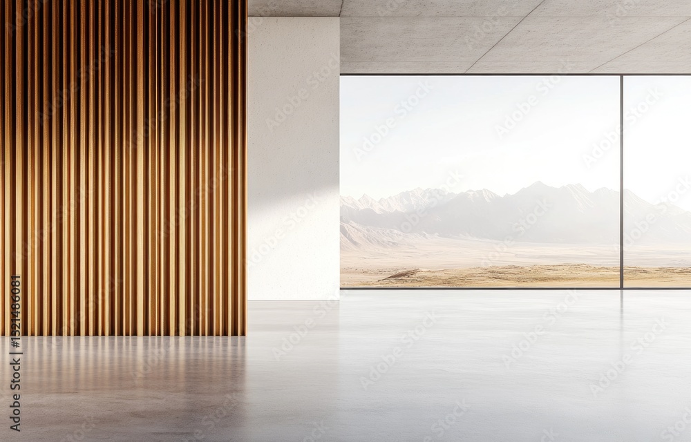 Fototapeta premium Modern minimalist room with wood wall and mountain view.