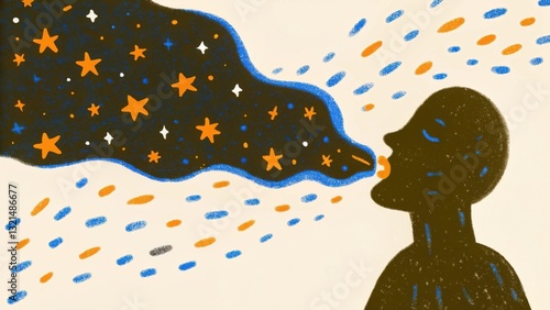 An artistic illustration of a person exhaling a vibrant cloud of stars and colors, symbolizing creativity and imagination.
