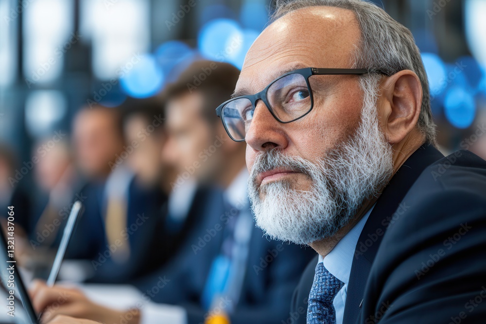 Fototapeta premium Climate change mitigation carbon emissions policy. Focused businessman in a meeting with colleagues.