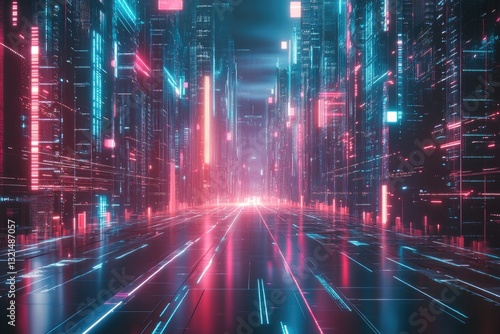 Wallpaper Mural Futuristic cityscape bathed in vibrant digital light.  A road stretches through towering buildings, adorned with glowing codes and data streams. Torontodigital.ca