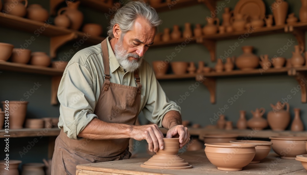 Bearded elderly craftsman works with clay in pottery workshop, makes ceramic pot on wheel. Shelves filled with vases, jugs, handcraft. Serious male concentrated on handcraft art, create handmade Bearded elderly craftsman works with clay in pottery workshop, makes ceramic pot on wheel. Shelves filled with vases, jugs, handcraft. Serious male concentrated on handcraft art, create handmade