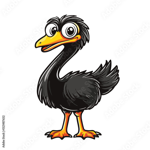 Cartoon Cassowary with Black Feathers, Red Neck, and Orange Beak and Legs