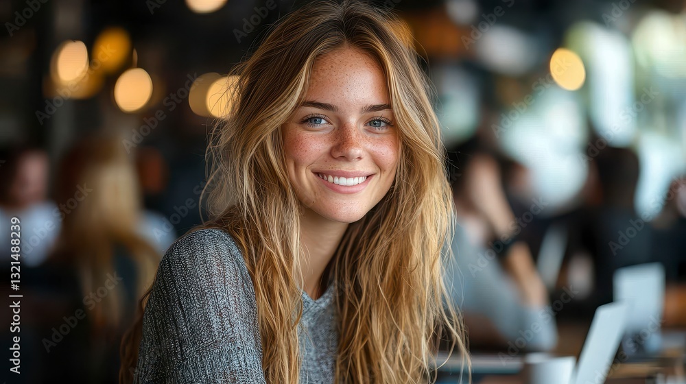 Young Entrepreneur with a Bright Smile in a Modern Café Setting Young Entrepreneur with a Bright Smile in a Modern Café Setting