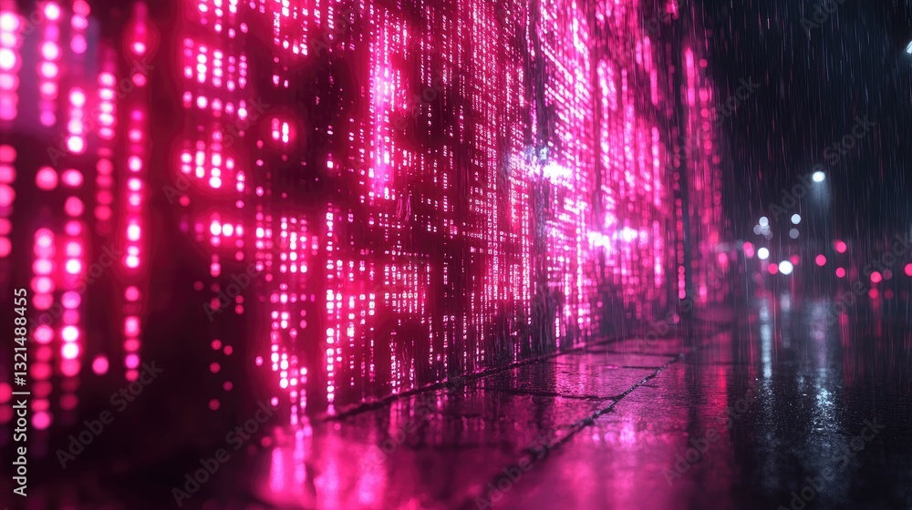 Fototapeta premium Neon city rain, digital wall, wet street, night