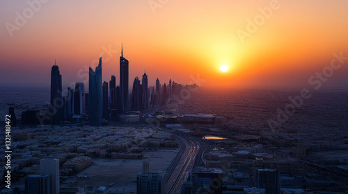 The sun sets over advanced high-rise buildings in the King Abdullah Financial District, situated in the heart of Riyadh, Saudi Arabia