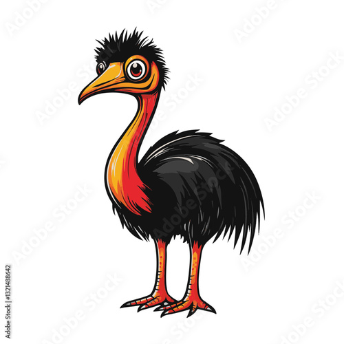 Cartoon Cassowary with Black Feathers, Red Neck, and Orange Beak and Legs