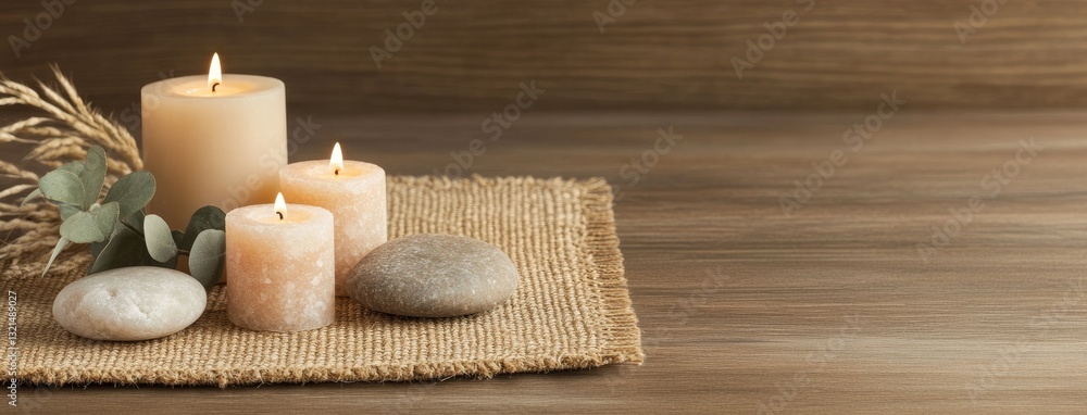 Relaxing spa arrangement with candles, eucalyptus leaves, and Himalayan salt set on a wooden surface for a body treatment Relaxing spa arrangement with candles, eucalyptus leaves, and Himalayan salt set on a wooden surface for a body treatment