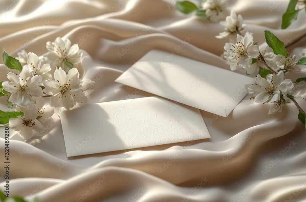Minimalist Blank Wedding Invitation Card Mockup with White Flowers and Kraft Paper Envelopes Minimalist Blank Wedding Invitation Card Mockup with White Flowers and Kraft Paper Envelopes