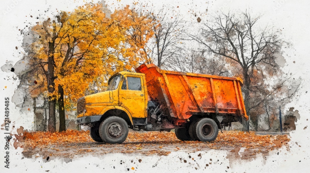 Yellow dump truck parked amidst autumn leaves near trees. Watercolor style illustration. Yellow dump truck parked amidst autumn leaves near trees. Watercolor style illustration.