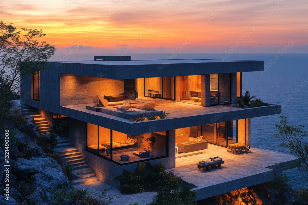 Coastal Modern Architecture: A sleek two-story home with sunset views and ocean backdrop blending contemporary design with natural serenity Coastal Modern Architecture: A sleek two-story home with sunset views and ocean backdrop blending contemporary design with natural serenity