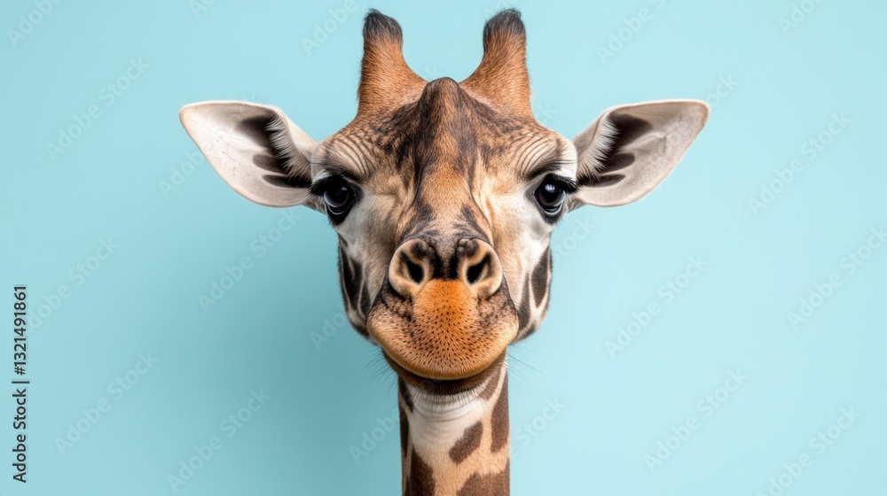 Fototapeta premium Close up portrait of a giraffe against a light blue background. The giraffe's expression is calm and curious.