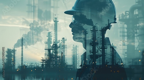 Industry worker reflecting on operations at a petrochemical facility during twilight hours
