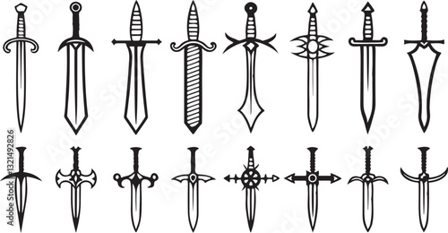 A set of medieval swords in a simple black silhouette design with a cross, anchor, and religious symbols, ideal for tattoos or patterns