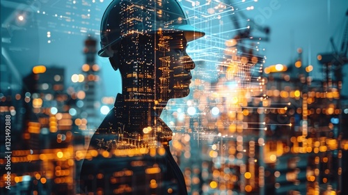 Construction worker overseeing city development with digital overlay at night